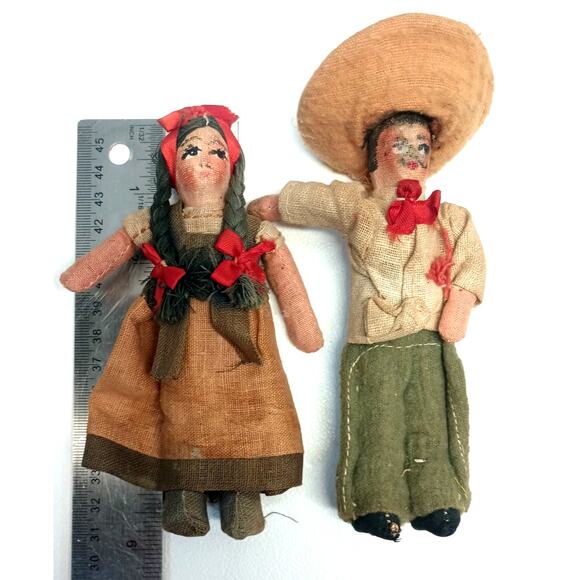 Vintage Mexican Folk Art Fabric Cloth Handmade Dolls 6" Set of 2 1940's? - Picture 2 of 8